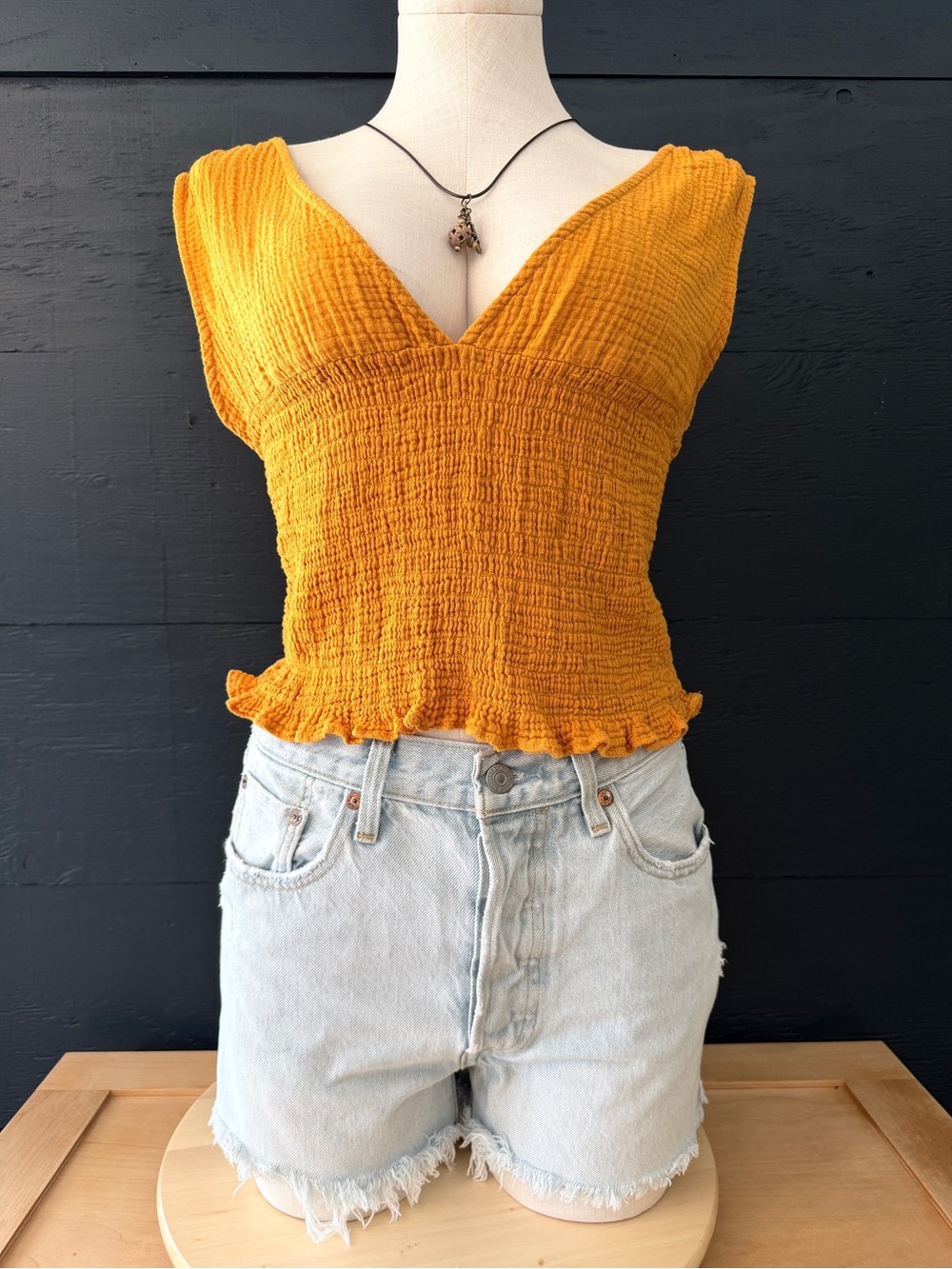 Anthropologie Maeve Smocked Mustard Yellow  Halter Crop Top Size L EUC